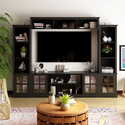 Grey Tv stand with top, left and right cabinets, multi-purpose media wooden console, entertainment center tempered glass