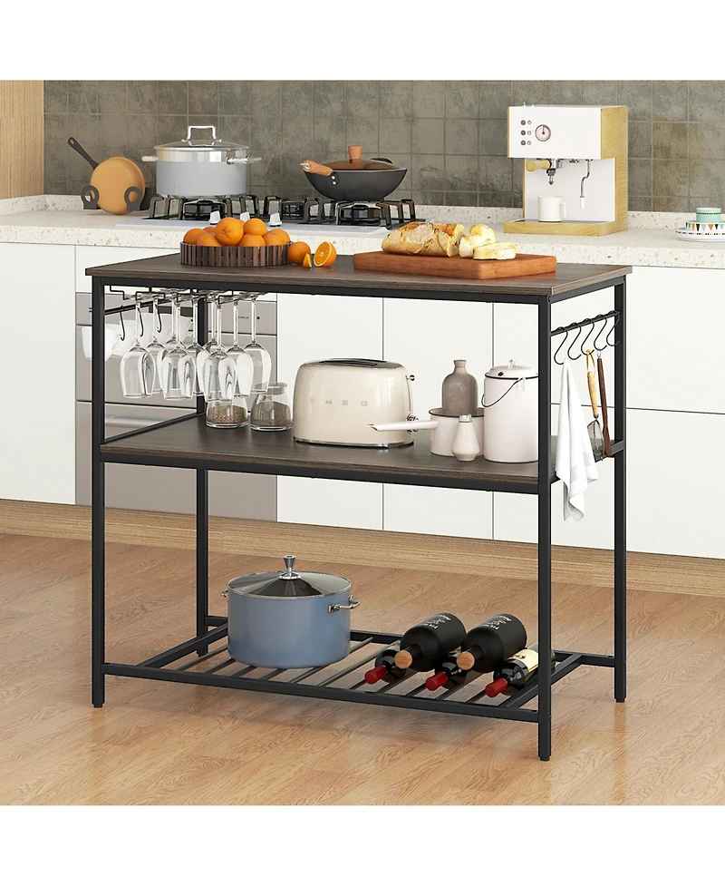 3-Shelf Kitchen Island with Wine Glass Holders and 10 Hooks – Versatile Storage Cart with Built-In Wine Glass and Hook Storage