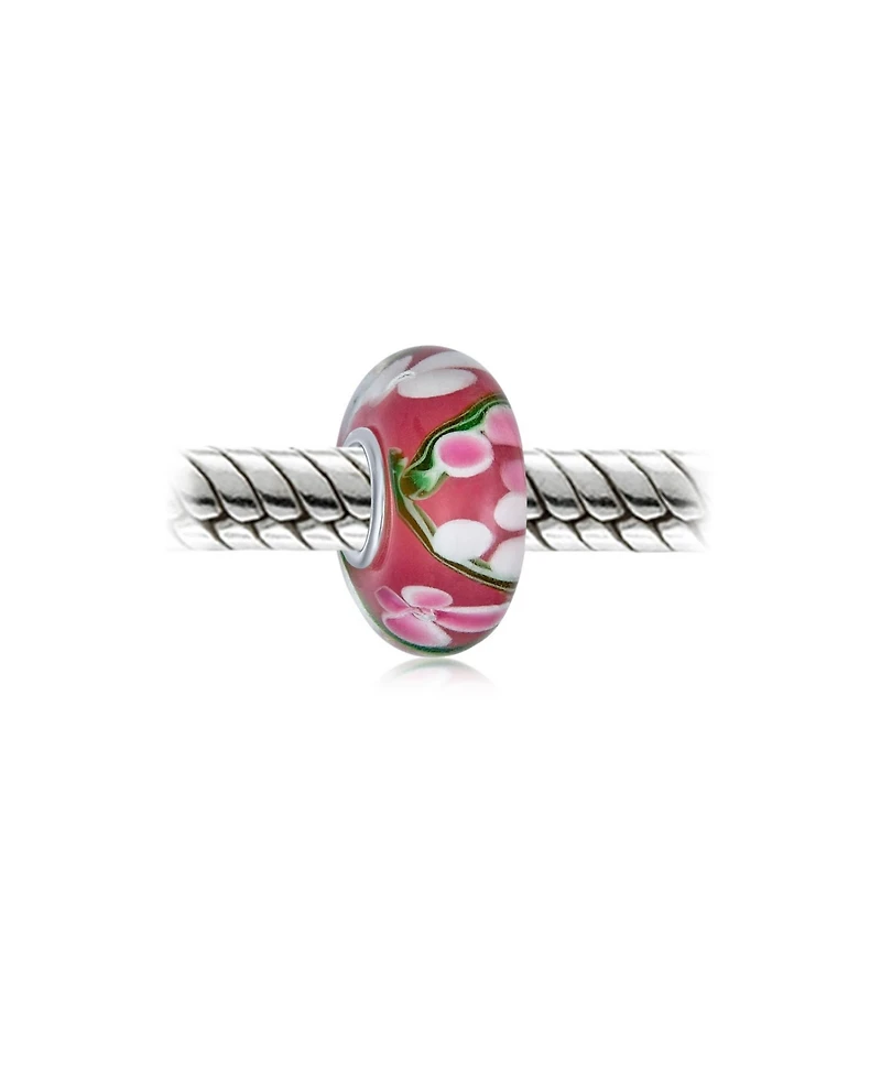 Bling Jewelry Set of 4 Pink Red Floral Hibiscus Glass Charm Bead Silver for European Bracelet
