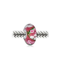 Bling Jewelry Set of 4 Pink Red Floral Hibiscus Glass Charm Bead Silver for European Bracelet