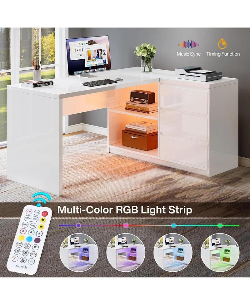 Tribesigns L-Shaped Executive Office Desk, Computer Desk with 3 Drawers, Modern Corner Home Office Executive Desk with Led Lights and 2 Storage Shelve
