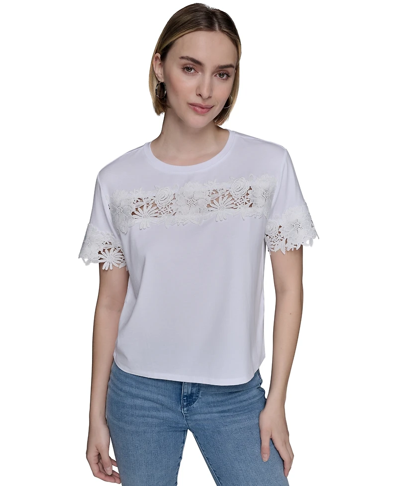 Karl Lagerfeld Paris Petite Short-Sleeve Cutout Knit Top
