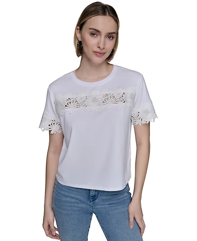 Karl Lagerfeld Paris Petite Short-Sleeve Cutout Knit Top