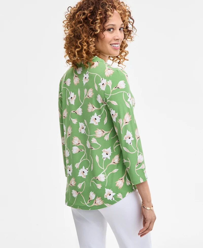 Jm Collection Women's Printed V-Neck 3/4-Sleeve Top, Exclusively at Macy's