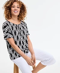 Jm Collection Women's Printed Pleat Neck Short-Sleeve Top, Exclusively at Macy's