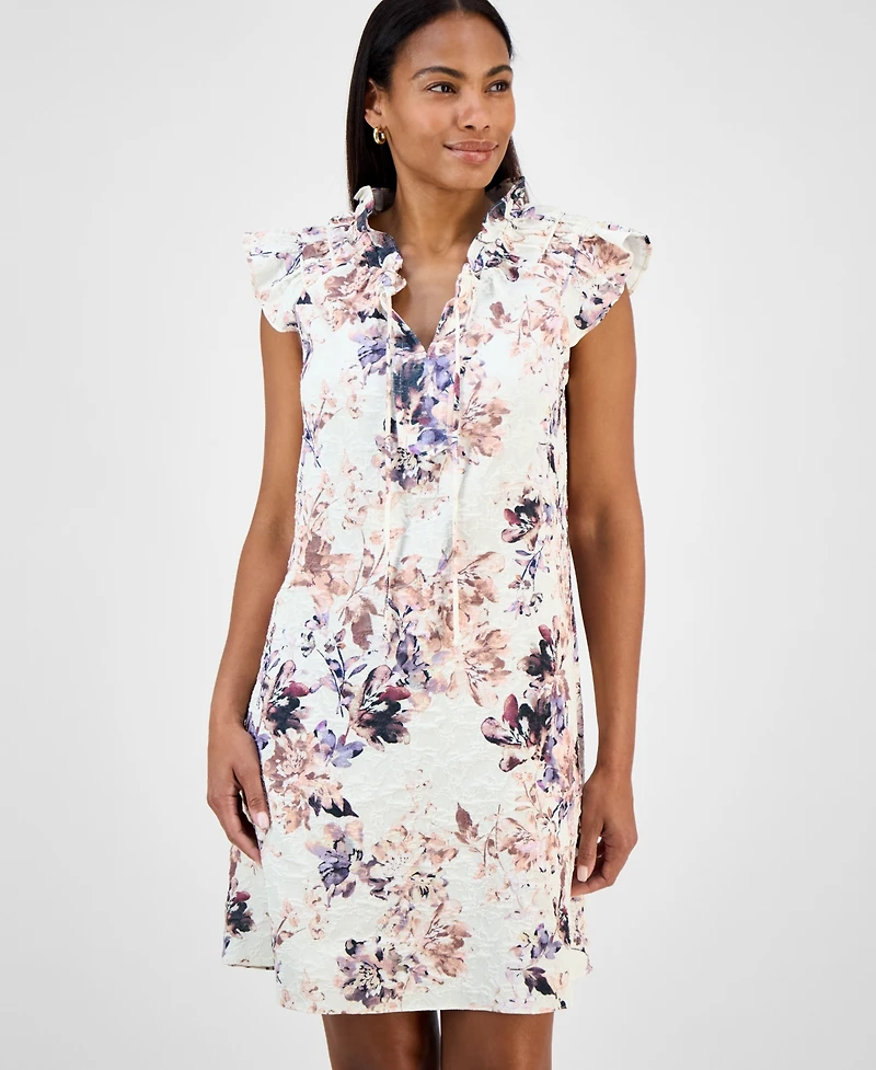 Robbie Bee Women's Printed Ruffle-Neck A-Line Dress