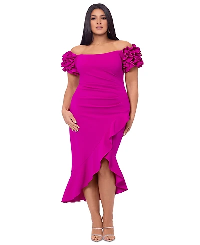 Xscape Plus Size Ruffled Off-The-Shoulder Midi Dress