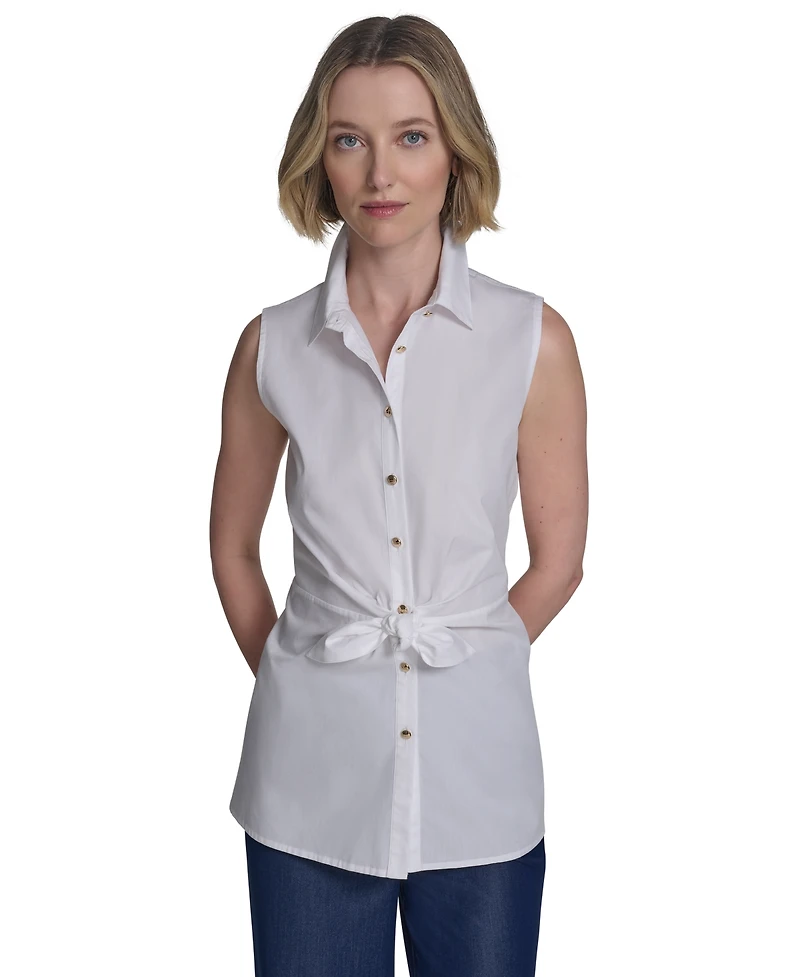 Halston Women's Cotton Tie-Waist Button-Front Sleeveless Blouse
