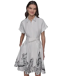 Karl Lagerfeld Paris Women's Tie-waist Border Shirt Dress