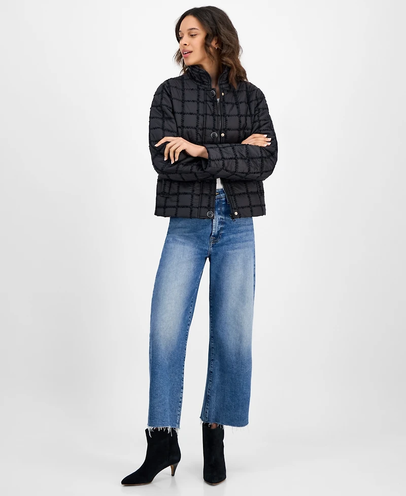 CeCe Women's Short Boucle Windowpane Quilted Coat