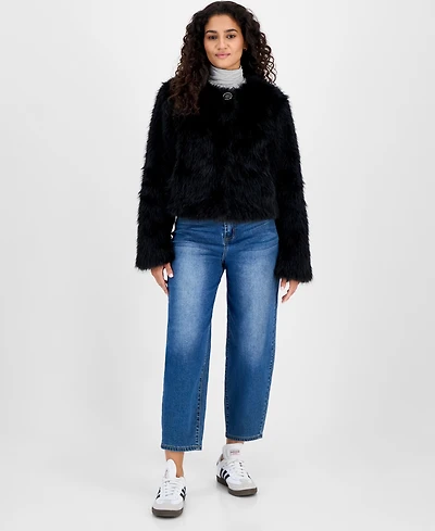 CeCe Women's Collarless Short Faux-Fur Coat