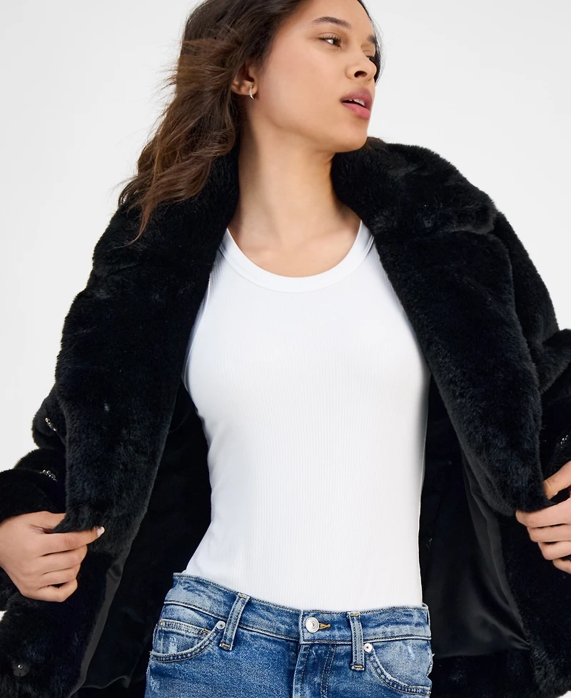 CeCe Women's Short Embellished Faux-Fur Coat