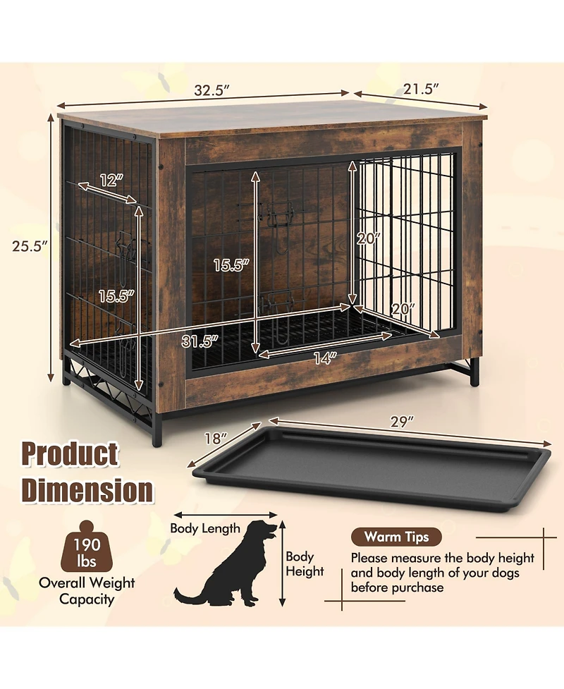 Dog Crate Furniture with Double Lockable Doors and Removable Pull-Out Tray