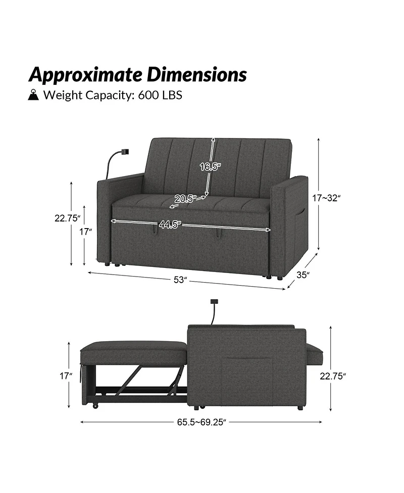 Duncan Modern Channel Tufted Upholstered Sleeper Sofa With Built-In Usb Port