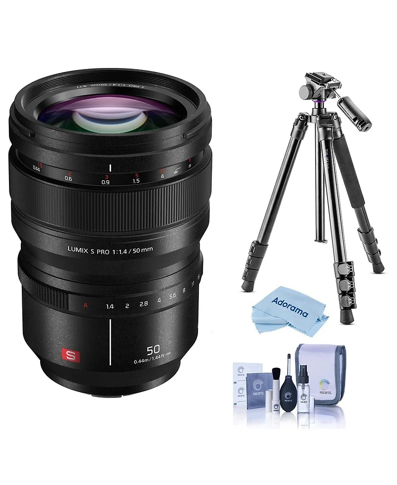 Panasonic Lumix S Pro 50mm f/1.4 Lens for L Mount, Bundle with Takama 3-Section Aluminum Video Tripod with Fluid Head, Cleaning Kit, Cleaning Cloth