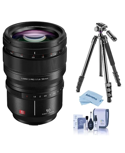 Panasonic Lumix S Pro 50mm f/1.4 Lens for L Mount, Bundle with Takama 3-Section Aluminum Video Tripod with Fluid Head, Cleaning Kit, Cleaning Cloth