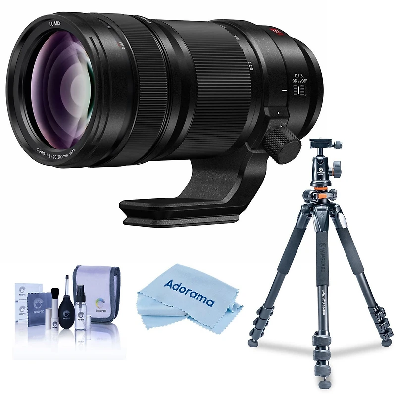 Panasonic Lumix S Pro 70-200mm f/4 O.i.s. Lens for L Mount, Bundle with Takama 3-Section Aluminum Video Tripod with Fluid Head, Cleaning Kit, Cleaning