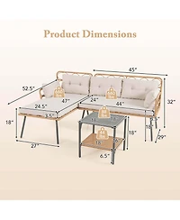 3 Pcs Corner Patio Furniture Cushioned Sofa Set with Small Coffee Table Outdoor