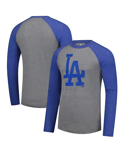 Fanatics Men's Heather Gray/Heather Royal Los Angeles Dodgers Weathered Logo Tri-Blend Raglan Long Sleeve T-Shirt