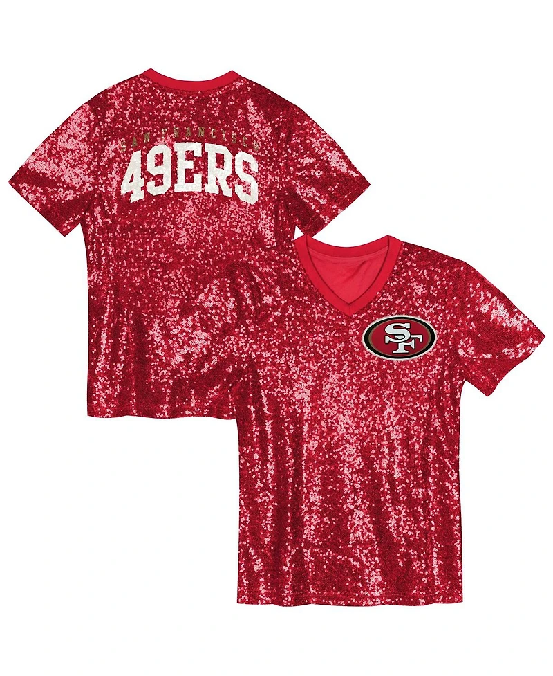 Outerstuff Big Girls Scarlet San Francisco 49ers Wordmark Sequin V-Neck T-Shirt