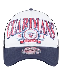 New Era Men's White/Navy Cleveland Guardians Distressed 9FORTY A-Frame Adjustable Trucker Hat