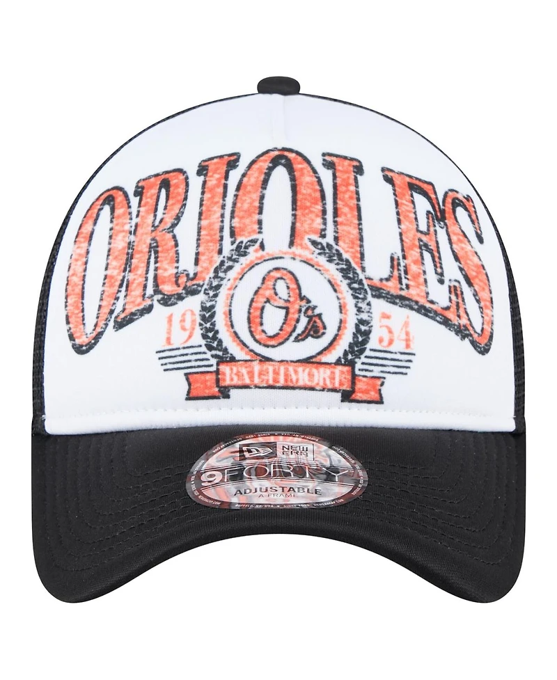 New Era Men's Black Baltimore Orioles Distressed 9FORTY A-Frame Adjustable Trucker Hat