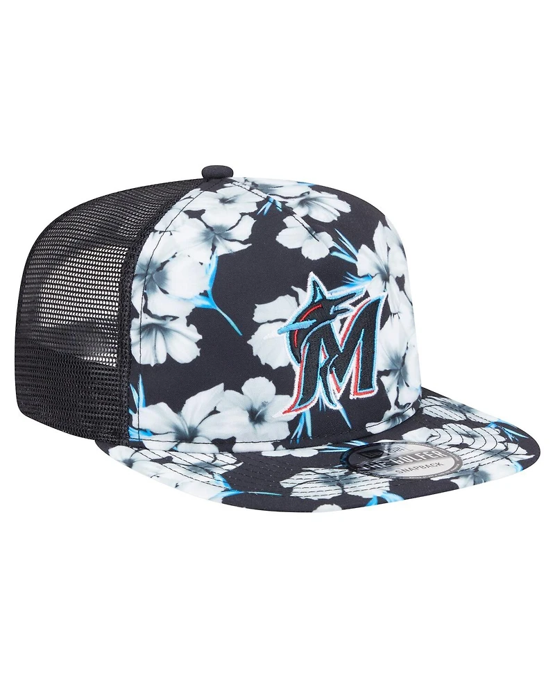 New Era Men's Black Miami Marlins Adventure Pattern Golfer Trucker Snapback Hat