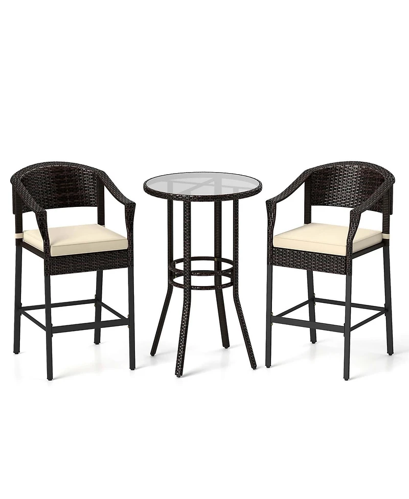 3 Pcs Patio Rattan Bar Set Wicker Armchairs & Round Table with Tempered Glass Top