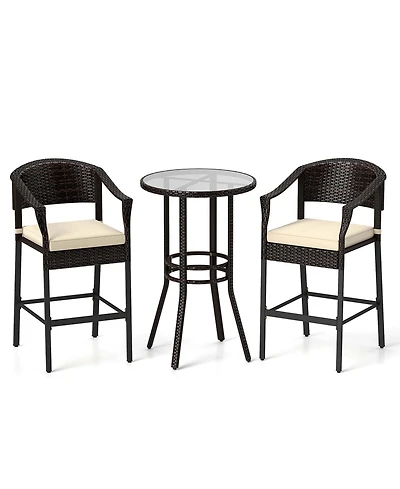 3 Pcs Patio Rattan Bar Set Wicker Armchairs & Round Table with Tempered Glass Top