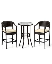 3 Pcs Patio Rattan Bar Set Wicker Armchairs & Round Table with Tempered Glass Top