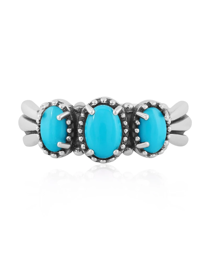 Sterling Silver Sleeping Beauty Turquoise 3-Stone Fan Ring, Size 10