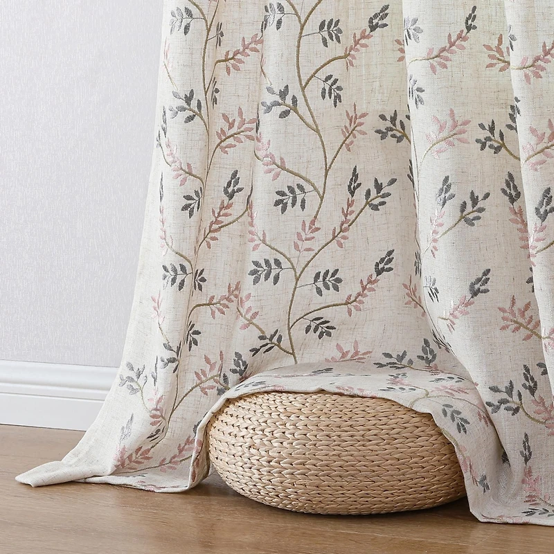 Kate Aurora 1 Piece Vanessa Floral Embroidered Linen Blend Semi Sheer Grommet Window Curtain Panel