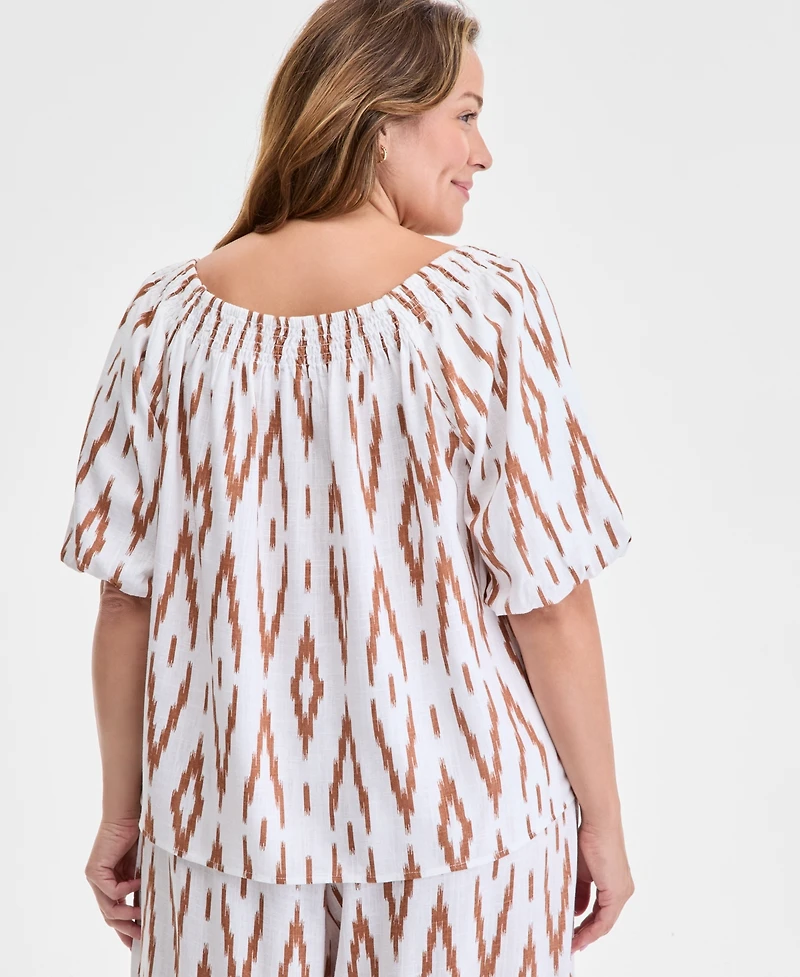 Vince Camuto Plus Printed Square-Neck Short Sleeve Blouse
