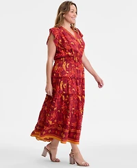 Vince Camuto Plus Printed Smocked-Waist Flutter-Sleeve Maxi Dress