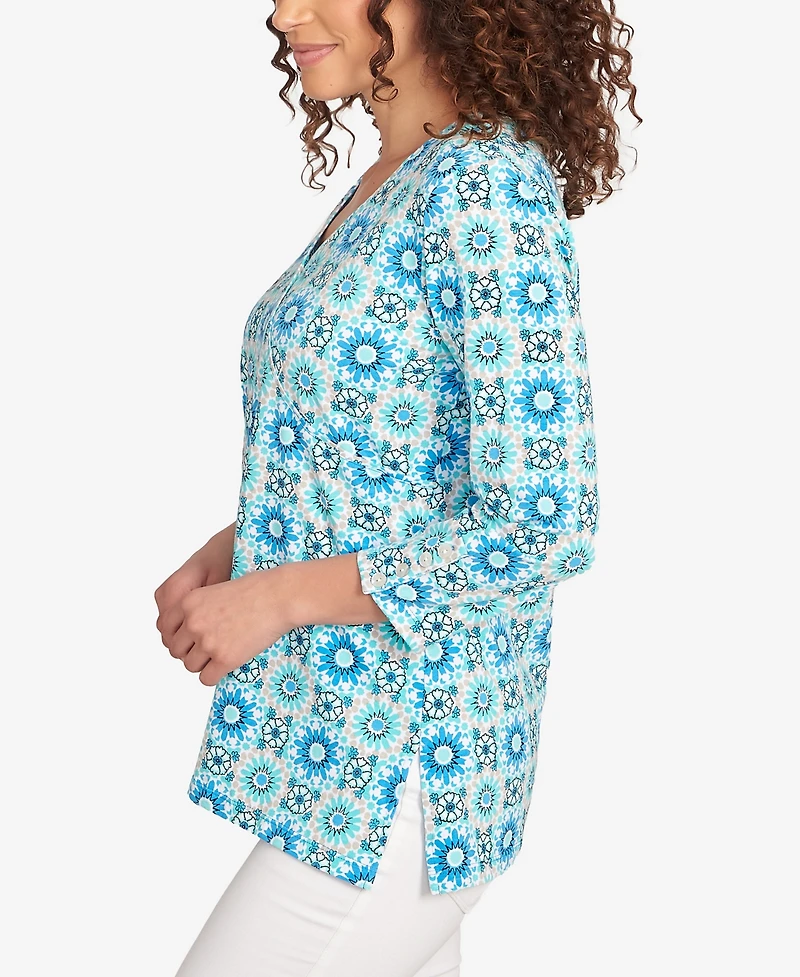 Ruby Rd. Petite Medallion Tile Floral Faux Surplice Top