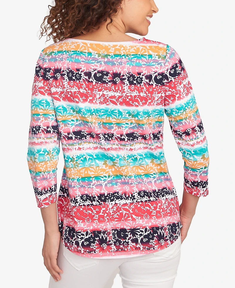 Ruby Rd. Petite Watercolor Floral Stripe Top