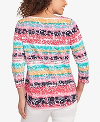 Ruby Rd. Petite Watercolor Floral Stripe Top