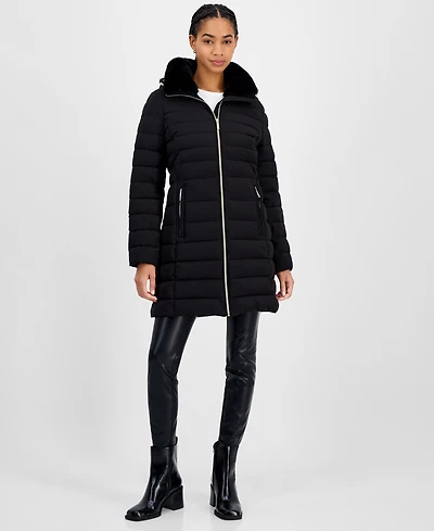 Michael Kors Petite Faux-Fur-Collar Hooded Packable Puffer Coat