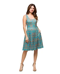 24seven Comfort Apparel Women's Sky Blue Sleeveless Pleated Knee Length Pocket Dress