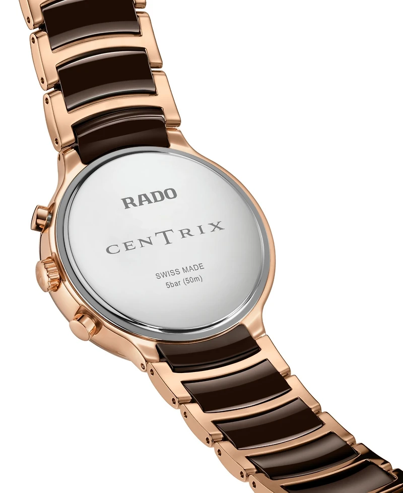 Rado Unisex Swiss Chronograph Centrix Brown Ceramic & Rose Gold Pvd Stainless Steel Bracelet Watch 41mm