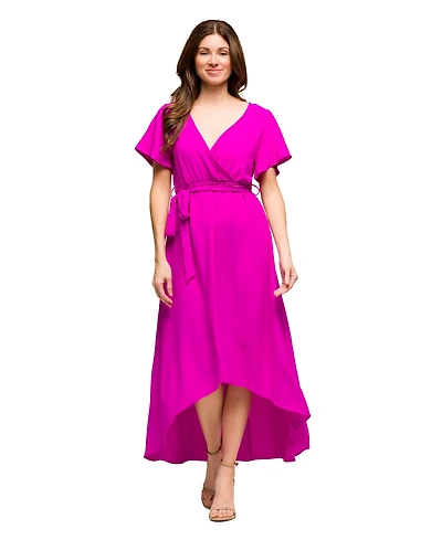 24seven Comfort Apparel Women's V Neck Belted Faux Wrap High Low Dress