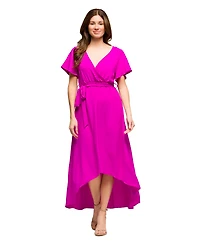 24seven Comfort Apparel Women's V Neck Belted Faux Wrap High Low Dress