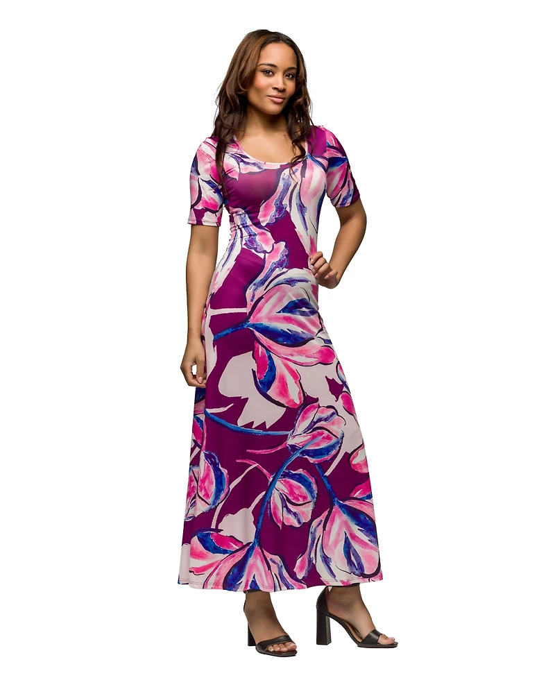 24seven Comfort Apparel Women's Purple Floral Print Elbow Sleeve Casual A Line Maxi Dress
