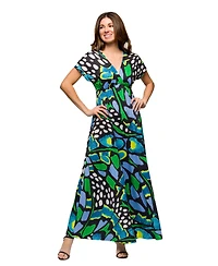 24seven Comfort Apparel Women's V Neck Empire Waist Cap Sleeve Maxi Dress