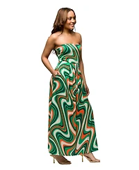 24seven Comfort Apparel Women's Green Print A Line Strapless Maxi Dress with Pockets