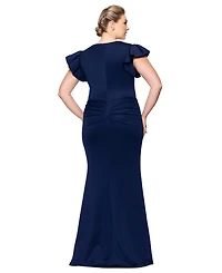 Xscape Plus Gathered-Waist Flutter-Sleeve Evening Gown