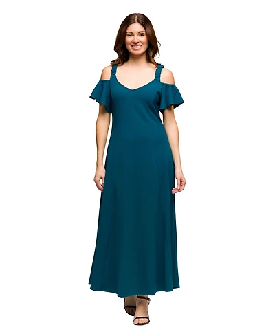 24seven Comfort Apparel Women's Cold Sholder Ruffle Sleeve A Line Maxi Dress