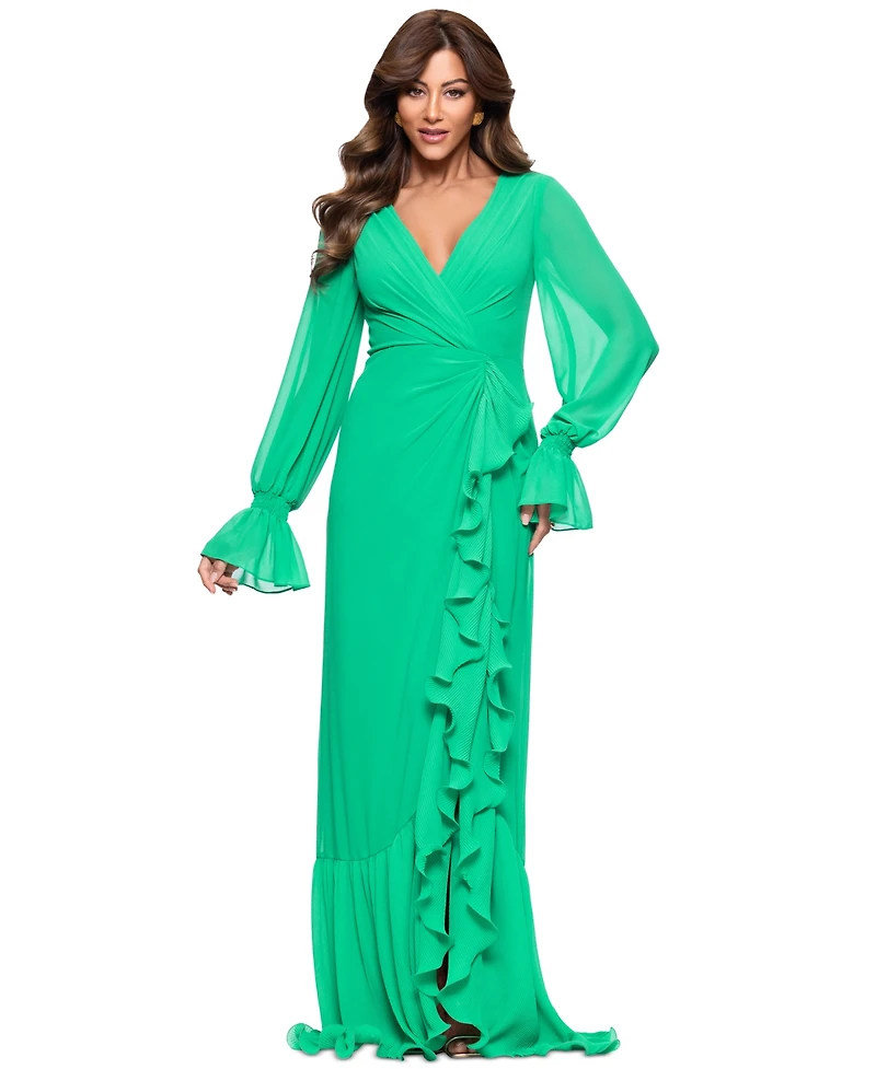 Xscape Women's V-Neck Ruffle-Trim Slit-Front Chiffon Gown