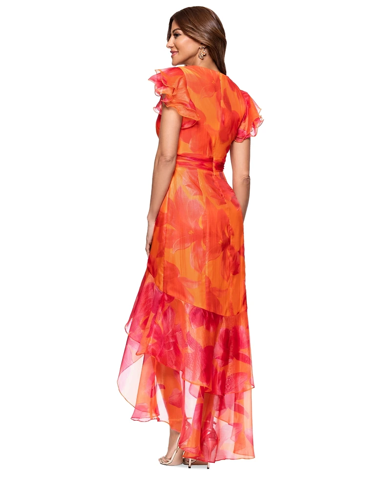 Xscape Women's Printed Flutter-Sleeve Ruffle-Trim Dress
