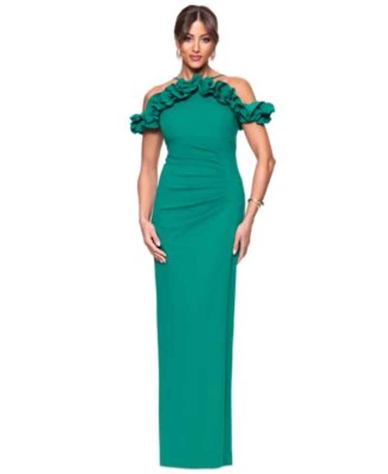 Xscape Womens Halter Strap Ruffled Gown